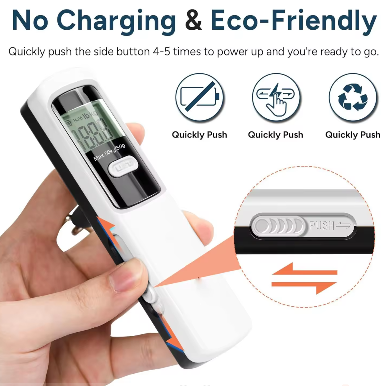 50kg Eco-friendly Push to Power Battery Free Mechanic Luggage Scale